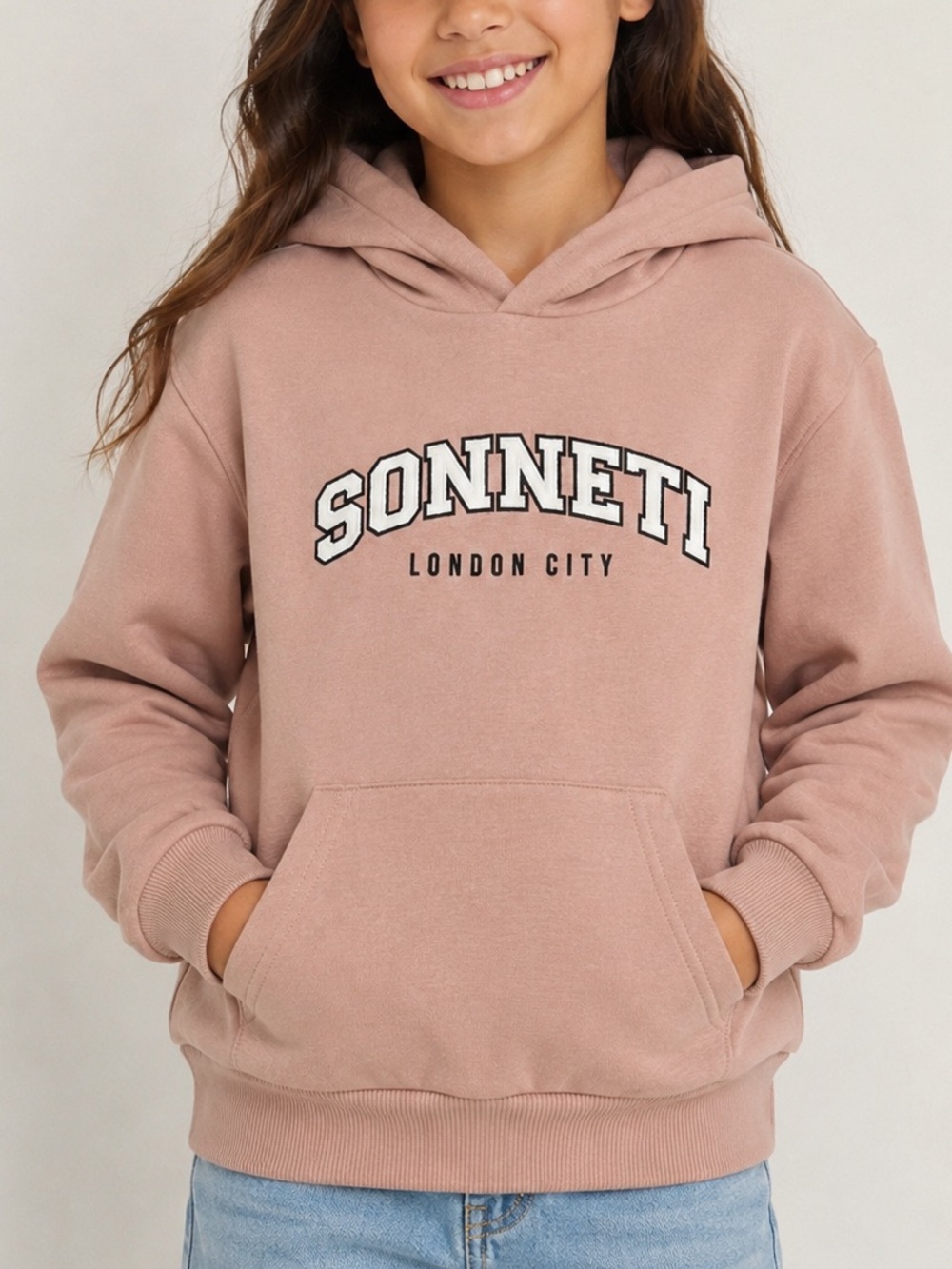 Sonneti London city Girls Varsity pullover Hoodie Pink Mauve Size 8-10 pockets